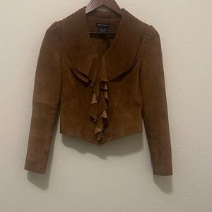 Boston Proper Brown Suede Ruffle-Front Jacket